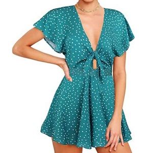 Womans V neck tied Front romper. Turquoise green with polka dots, size large